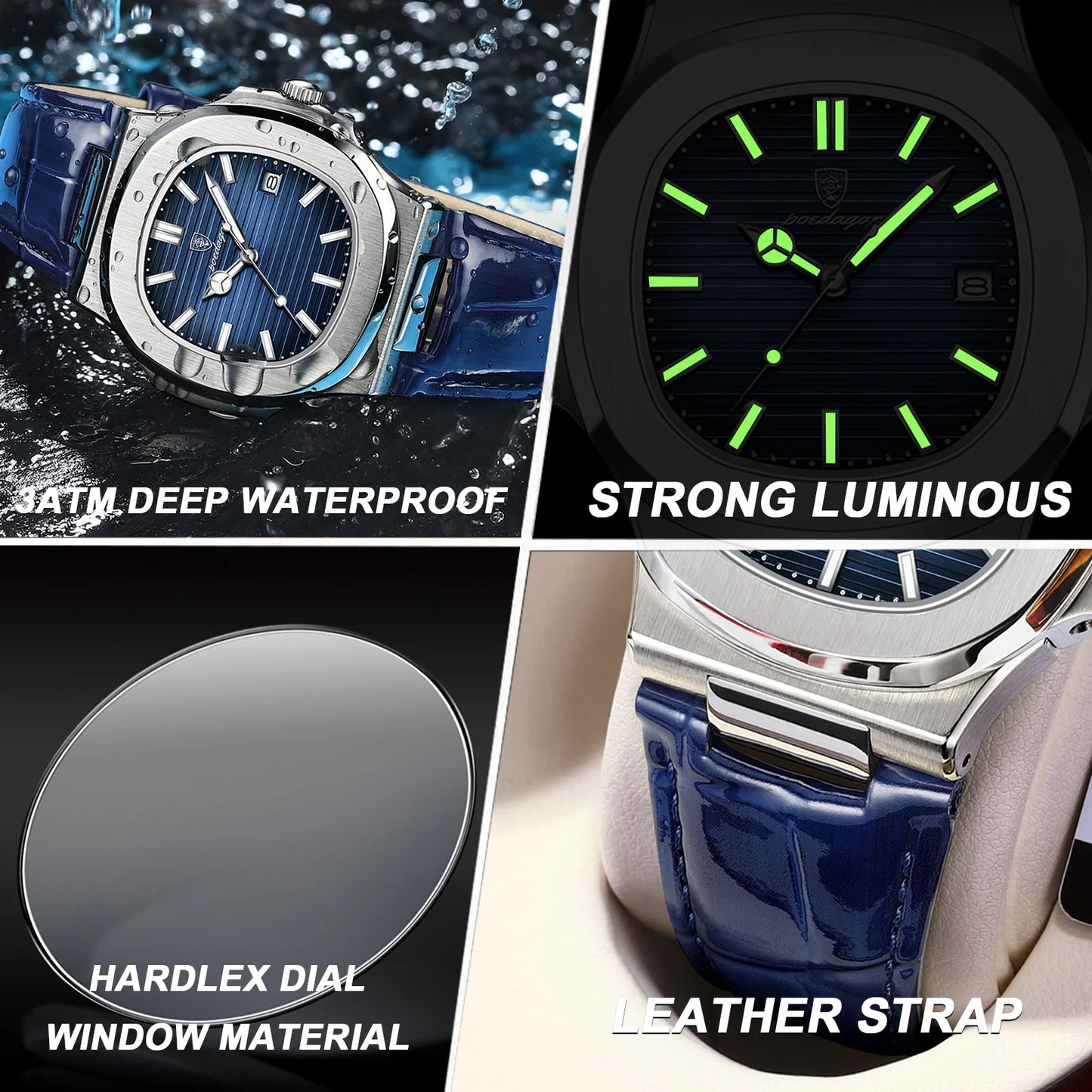 Top Luxury Square Man Watch Date Waterproof